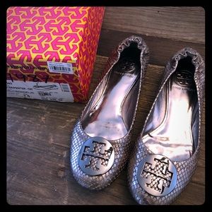 Tory Burch Pewter Flats with Metal Logo